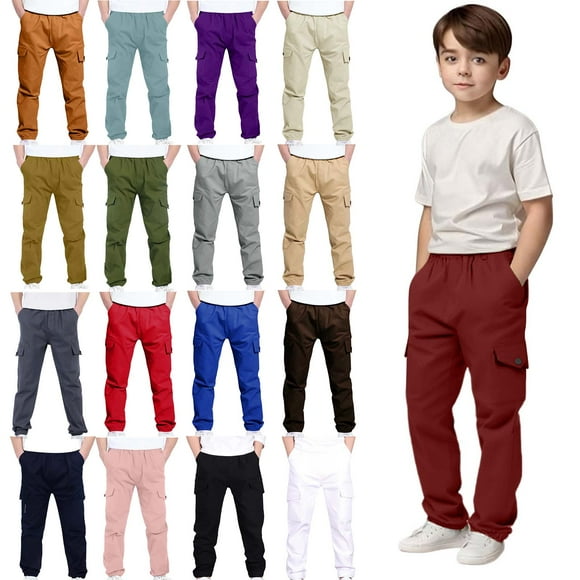 QIUOMBBP Cargo Pants for Boys Elastic Waist Pull On Trousers Kids Casual Baggy Hiking Joggers Sweatpants Teen Back to School Clothes, White, 7 Years