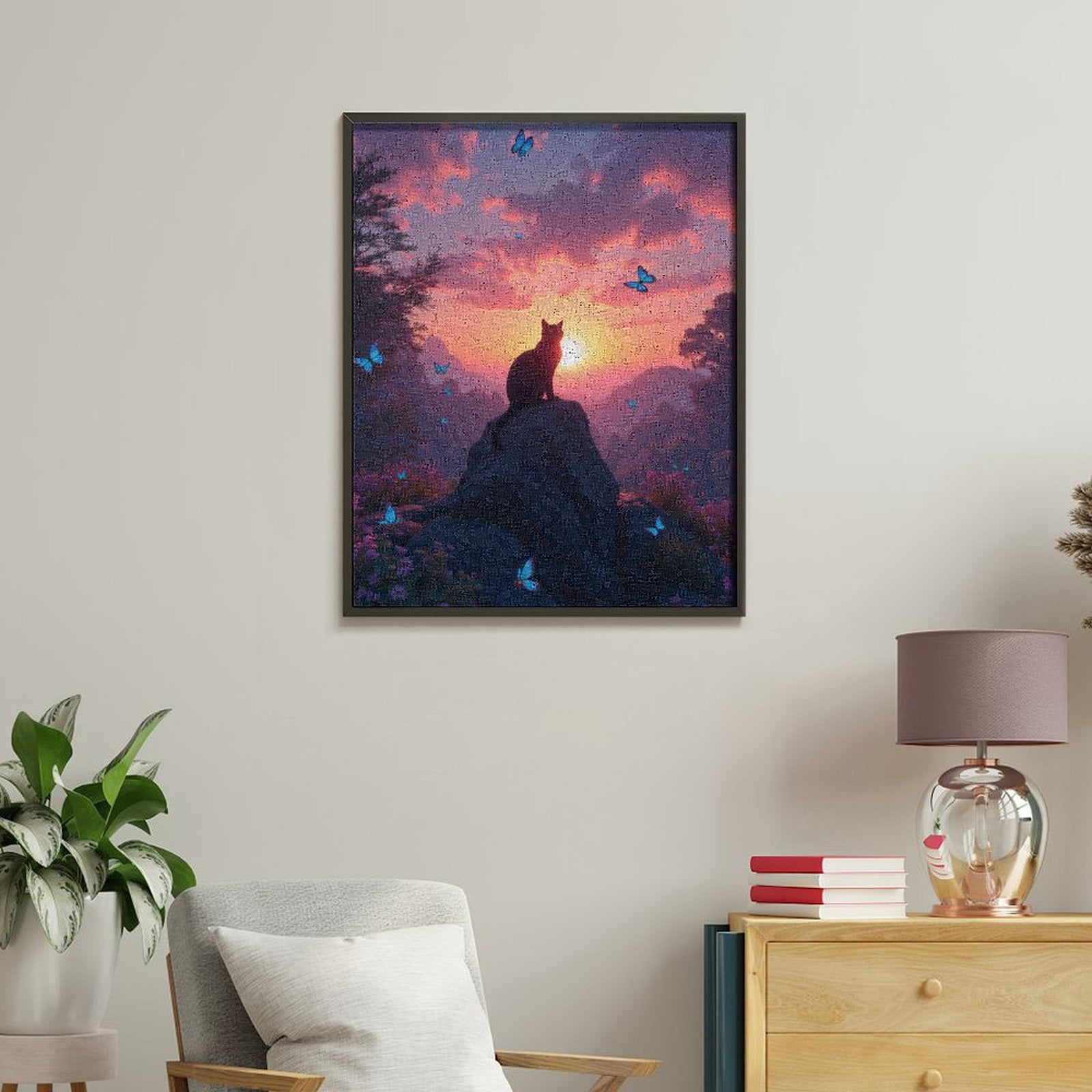 Paint By Numbers Kit for Adults Beginner - DIY Cat Sunset Rock Blue Butterflies Canvas Painting Kits for Adults, Frameless Paint By Number for Adults for Home Wall Decor 16x20 Inch