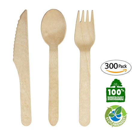 Wooden Disposable Cutlery Set | Eco Friendly | Biodegradable Compostable Wood Utensils | Best Smooth Birch | For Cooking Kitchen Party Wedding Camping | 300 PC Pack (100 Forks, 100 Spoons, 100