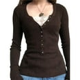 thumbnail image 1 of Camiseta Henley de Encaje para Mujer, Blusa Ajustada con Botones, Larga y Cuello en V. Marrón L, 1 of 8
