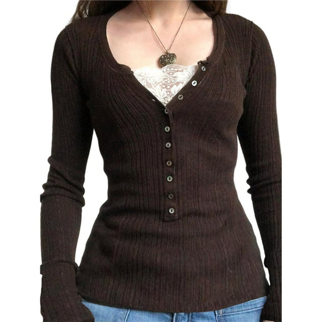 Camiseta Henley de Encaje para Mujer, Blusa Ajustada con Botones, Larga y Cuello en V. Marrón L