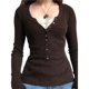 thumbnail image 1 of Camiseta Henley de Encaje para Mujer, Blusa Ajustada con Botones, Larga y Cuello en V. Marrón L, 1 of 8