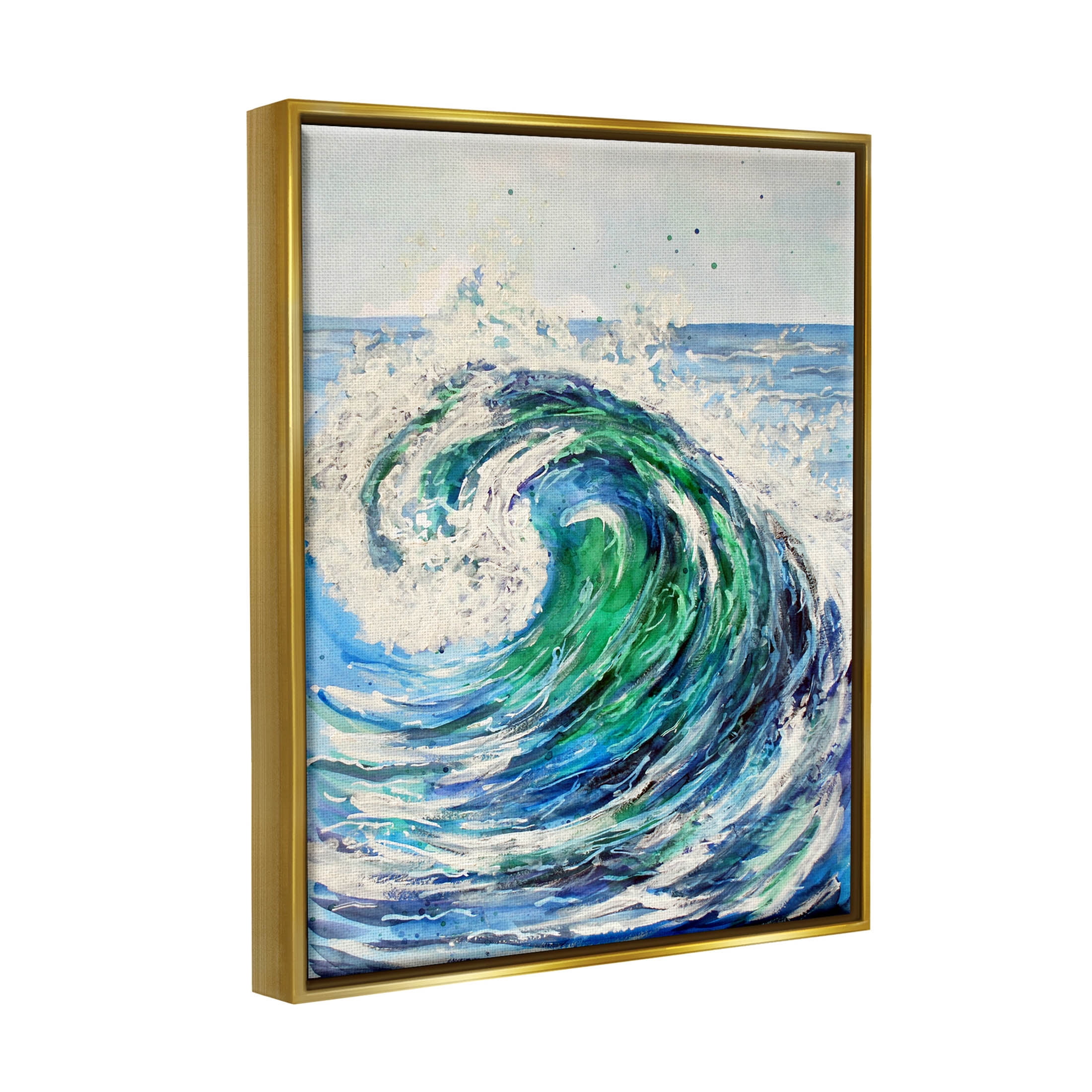 Tsunami Wave Ocean Splash Coastal Painting Metallic Gold Framed Art Print Wall Art