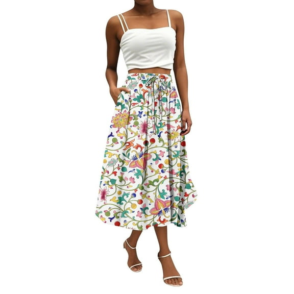Yucgh Women's Bohemian Flower Print Midi Skirt with Pockets, Solid Color Casual Skirt, High Waisted Elastic Waist Skirt,Beige,L