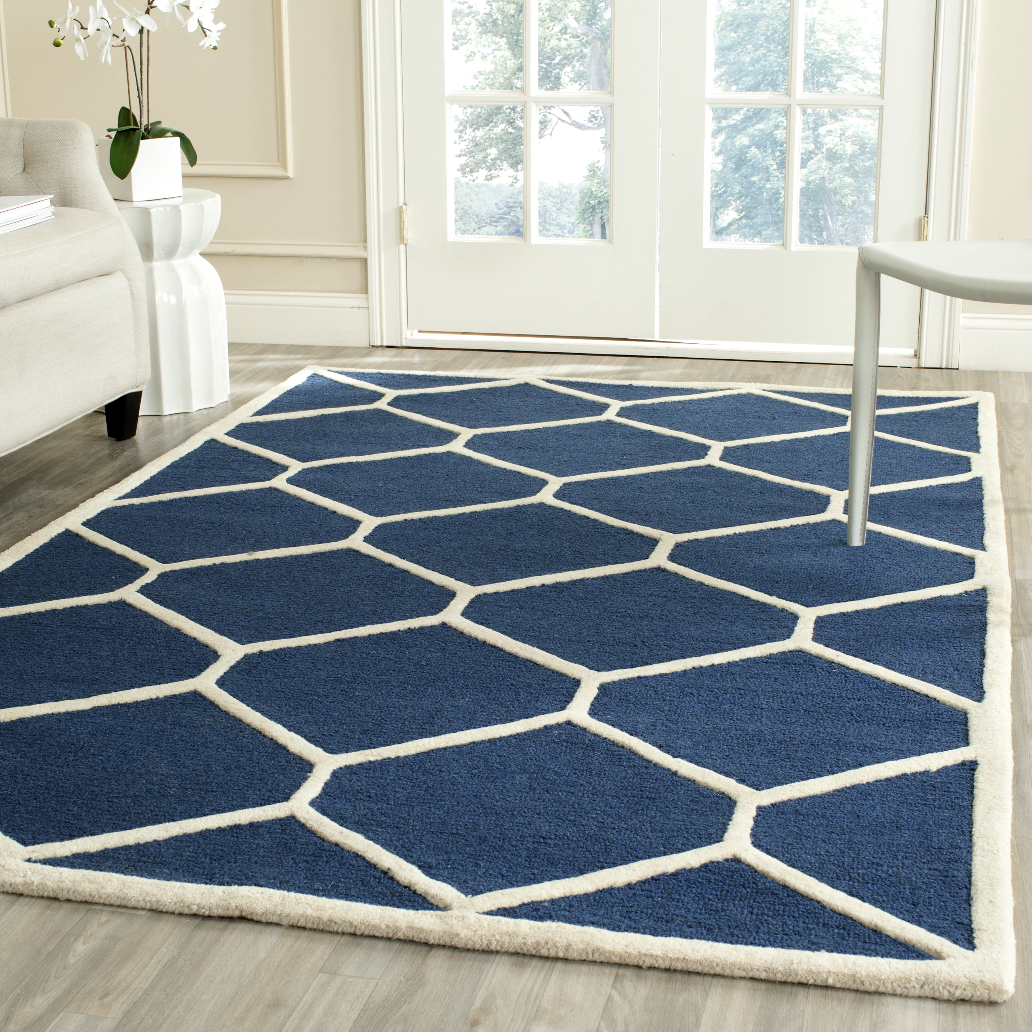 Area Rug Navy Blue Ivory 9, Blue Wool Area Rugs 9 X 12