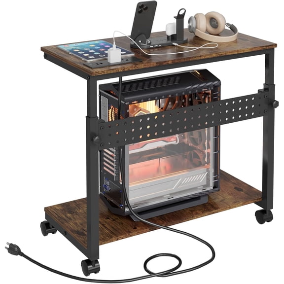 Computer Tower Stand with Charging Station, Height Adjustable 2-Tier CPU Stand with Power Strip and USB Ports, PC Tower Cart with Wheels and Printer Shelf, Rustic Brown and Black