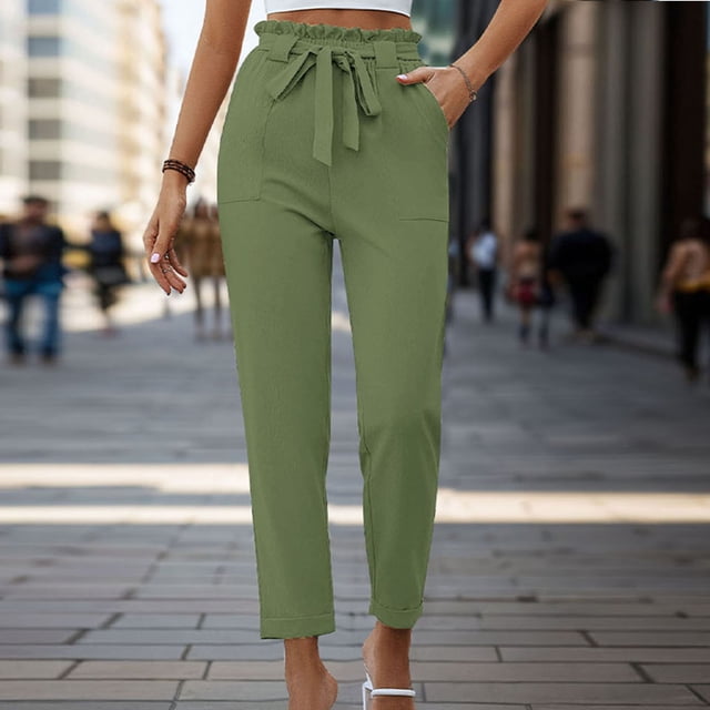 KIHOUT Pantalon Court pour Femmes Liquidation Mode Couleur Unie à Lacets Taille Haute Non Extensible Pantalon Ajusté avec Poches