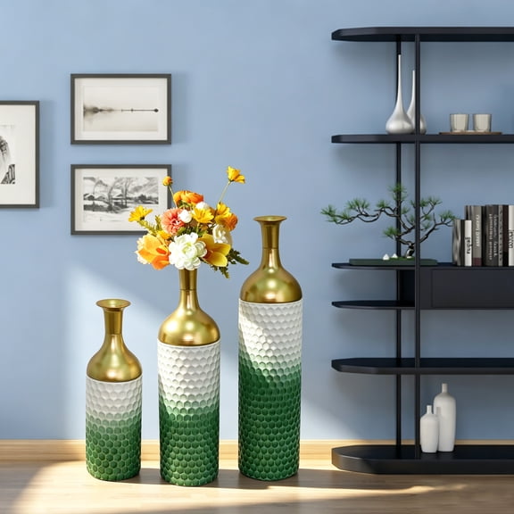 Set of 3 Green & White Leaf Pattern Metal Floor Vases, Tall Decorative Vases for Living Room Entryway Home Decor