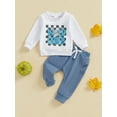 thumbnail image 4 of Baby Toddler Boy Girl Fall Outfits, 0 6 12 18 24 Months 2T 3T Checkerboard Letter Print Long Sleeve Sweatshirt Elastic Waist Pants 2 Piece Clothing Set, 4 of 9