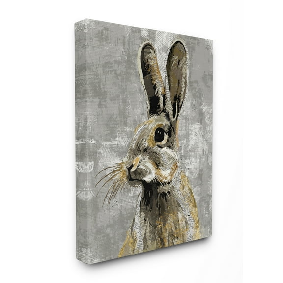 Stupell Home Décor Rabbit Newspaper Collage Gray Gold Design Canvas Wall Art by Main Line Studio