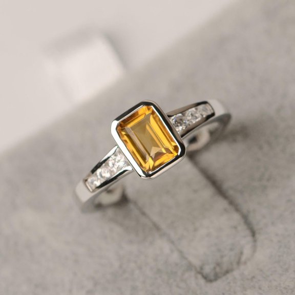 HeartsAndYou 2ct Natural Citrine Diamond Bezel Set Solitaire Accent Ring 14k SOLID White Gold