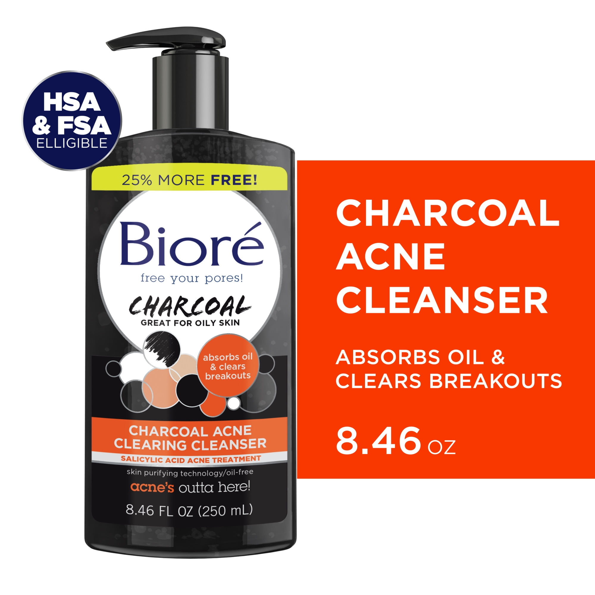 Biore Charcoal Acne Clearing Facial Cleanser, Oily Skin, 8.46 fl oz