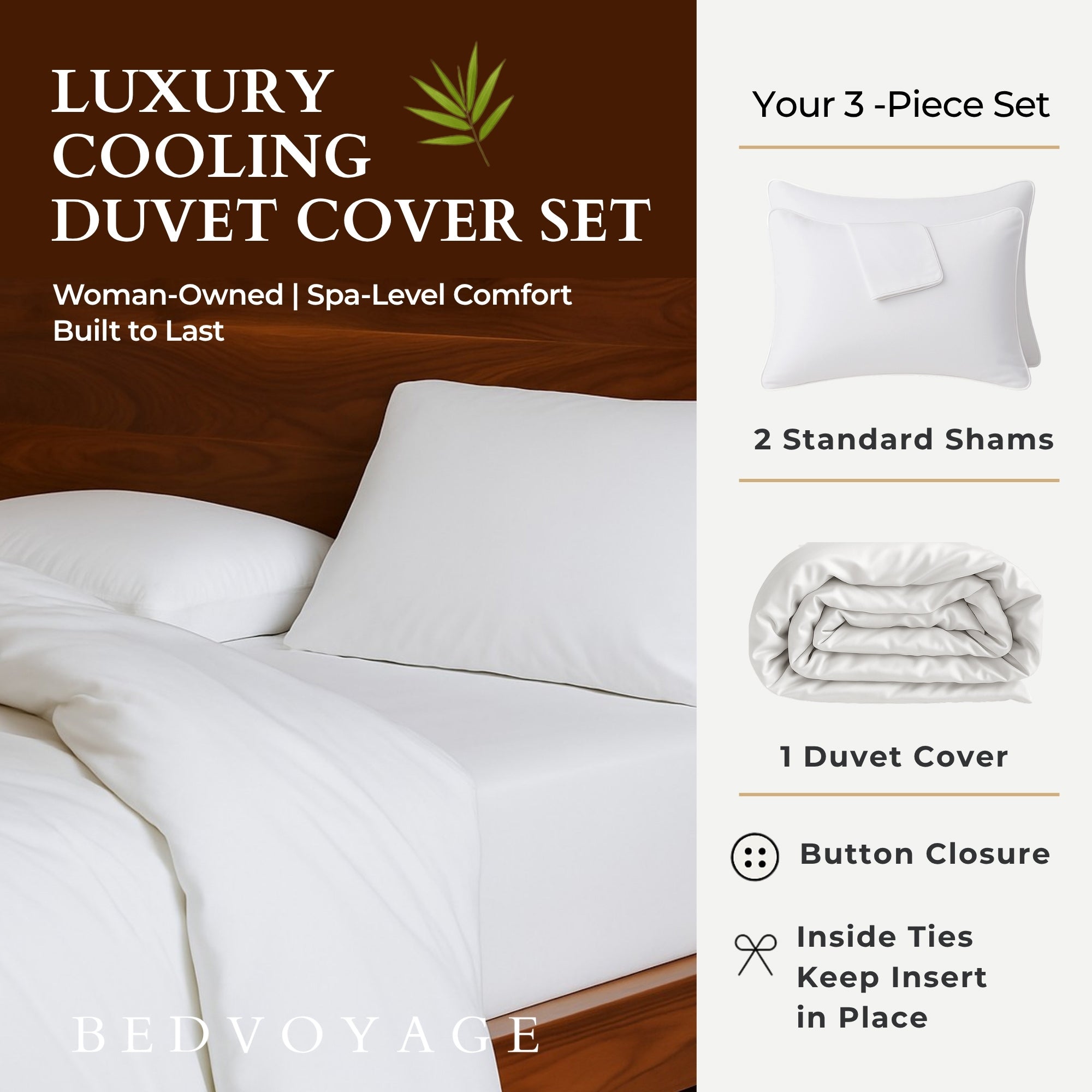 BedVoyage Queen Size Duvet Cover Set, Luxury 100% Viscose Derived from Bamboo, with 2 Standard Shams, Button Closure/Corner Ties, Silky-Soft, Lightweight & Cooling, 92x96, Full/Queen – White