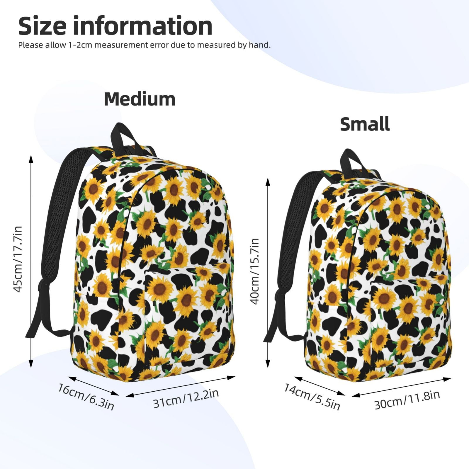 Picia Cute Cow Print Sunflower C Printed Canvas Daypack - Stylish and Durable Vintage Compact Backpack - Class, Work, Travel, or Laptop Bookbag,Organized Compartments-Small