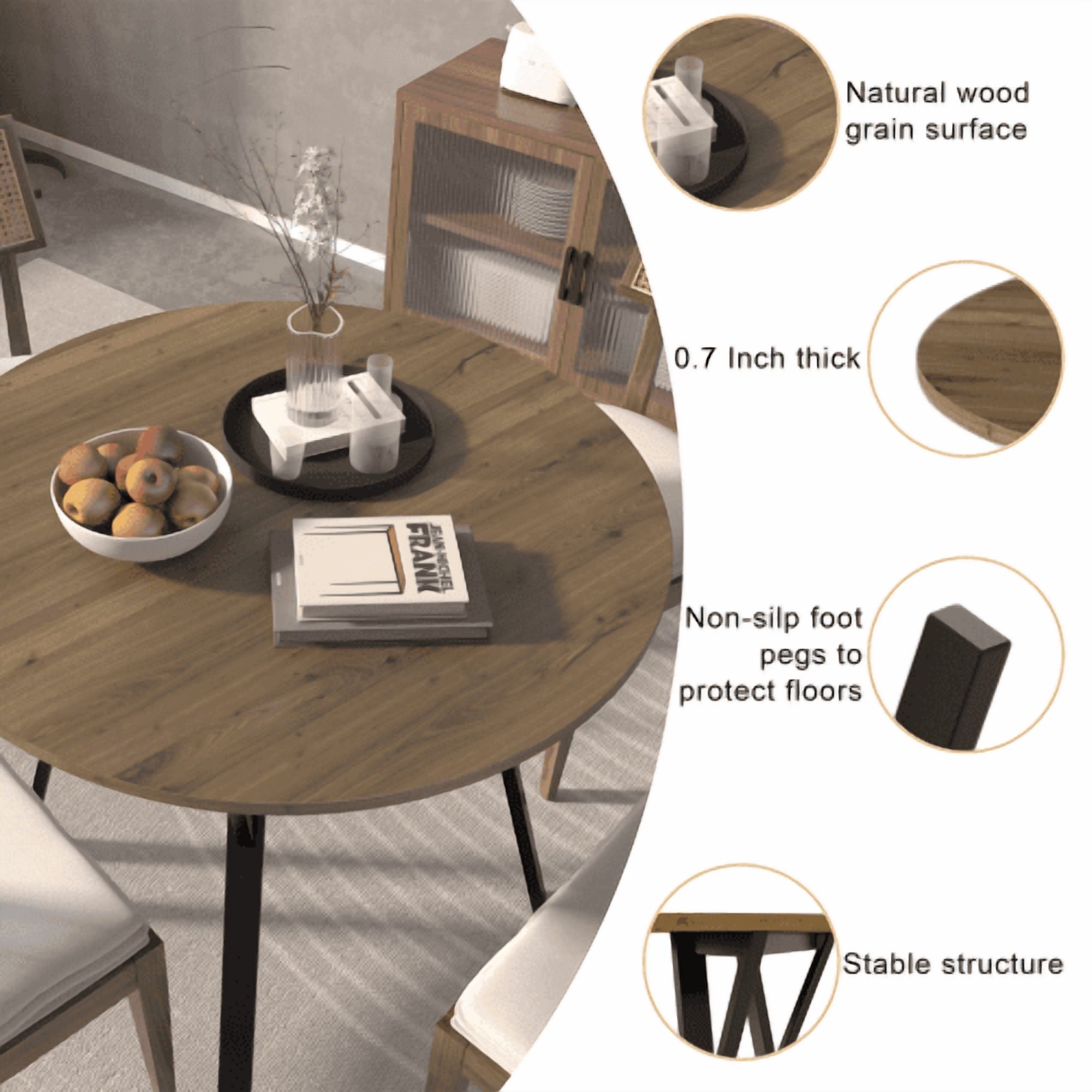 35 Inch Round Dining Table, Small Space Kitchen Table for 2-4 People, Modern Industrial Circle Table with Black Metal Legs & Brown MDF Top, Compact Dining Room Table