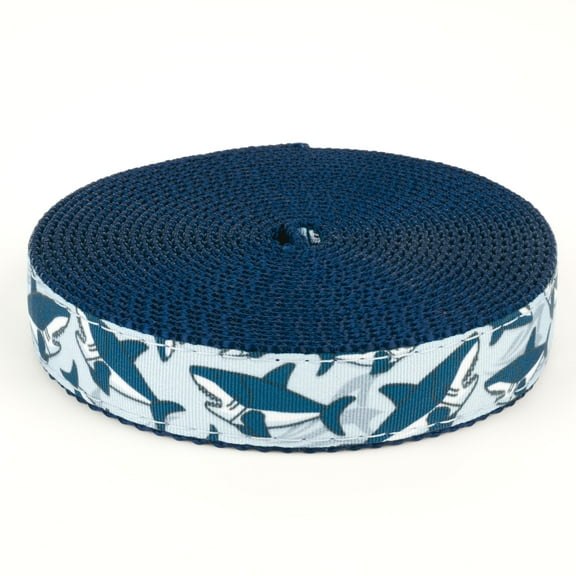 Country Brook Design® 1 Inch Sharks Ribbon on Navy Blue Nylon Webbing, 20 Yards