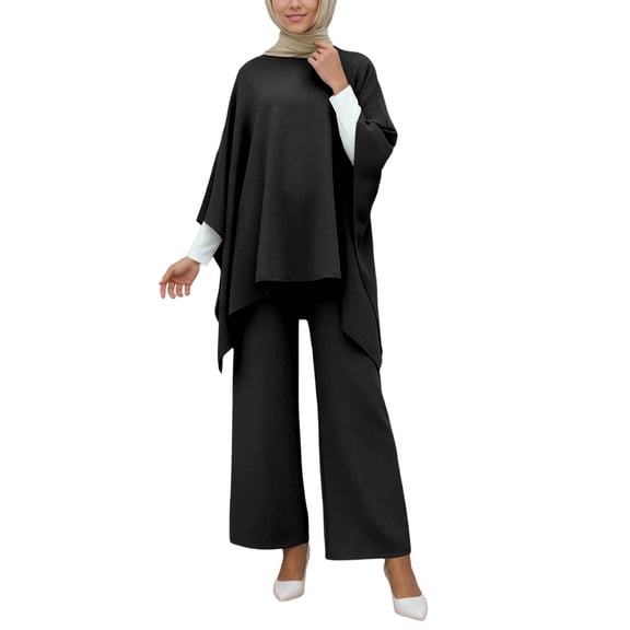 Elegant Women'S 2-Piece Cape Tunic & Wide-Leg Palazzo Pants Set - Flowy Casual Outfit For Daily & Dressy Occasions