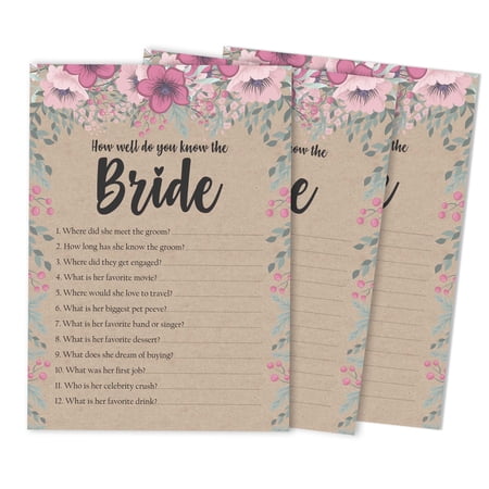 Inkdotpot 50-PackRustic Kraft FloralHow Well Do You Know The Bride Bridal Shower Bachelorette PartyGameWho Know The Bride Best ActivityCards
