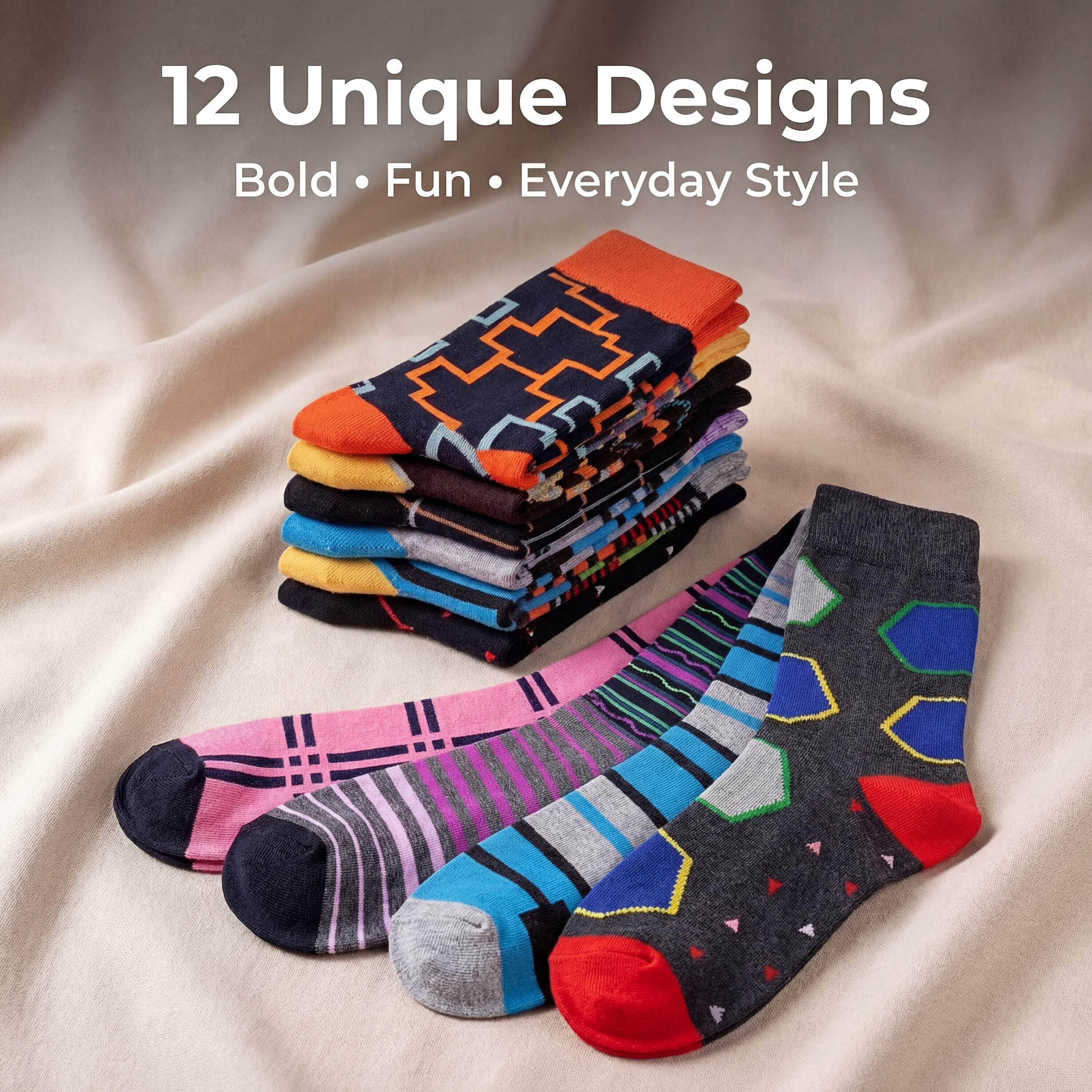 JAMES FIALLO Mens Gift-Ready Novelty Crew Socks – Colorful Multipack with Trendy Designs (12 Pairs)