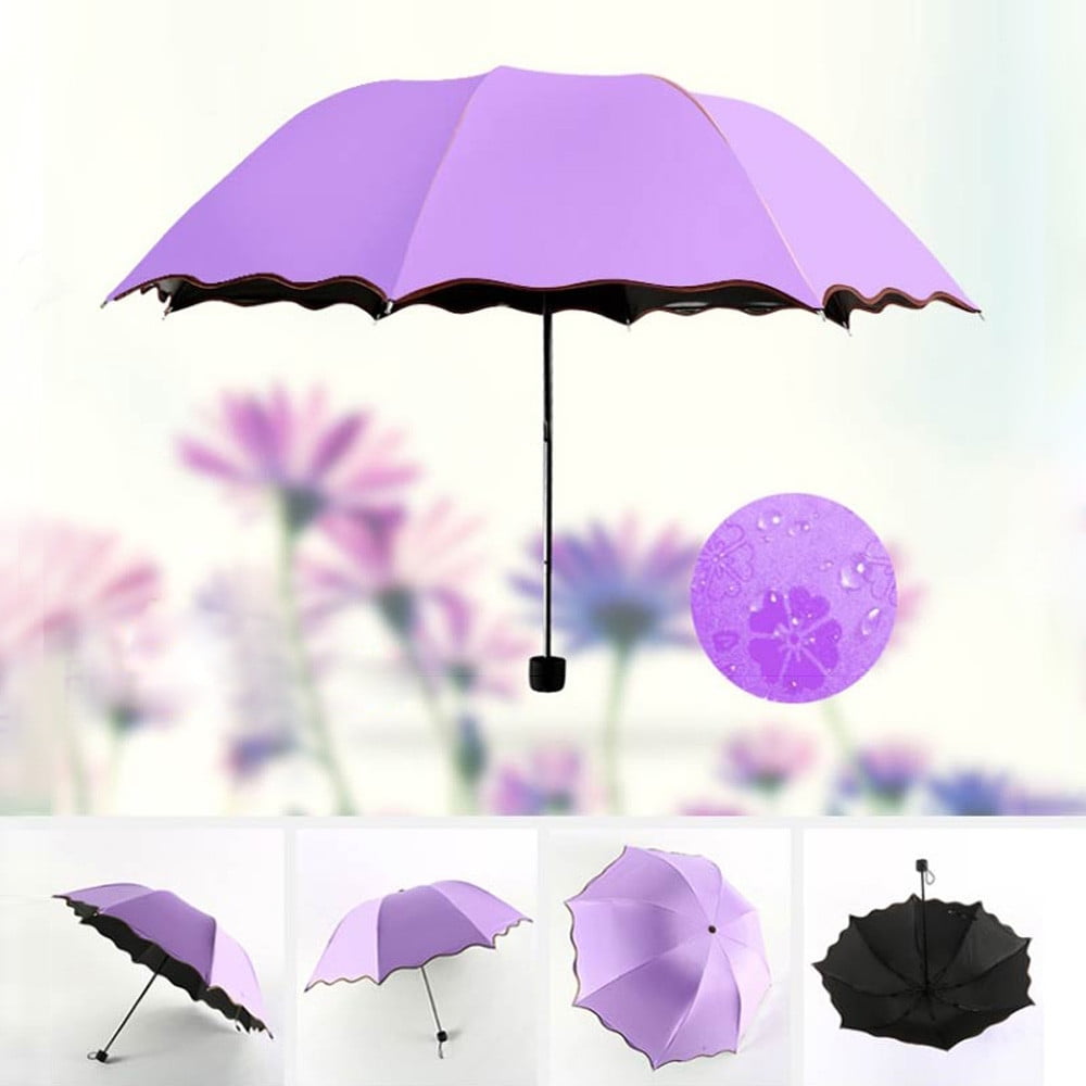 Blue Sun & Rain Travel Umbrella Anti-UV Lightweight Portable Parasol Sunshade UV Protected Triple Folding Windproof Shiny Umbrellas for Women Girls Both Sides Flowers Printing 