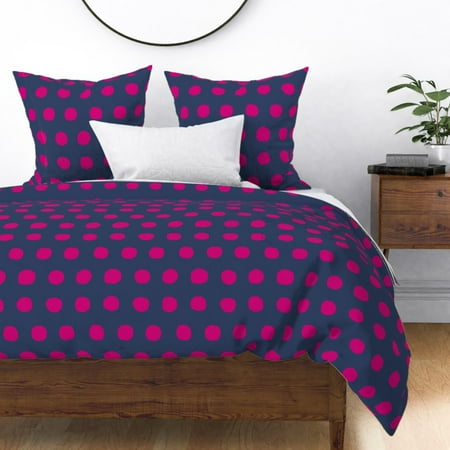 Polka Dots Navy Fuscia Pink Large Scale Bright Sateen Duvet Cover