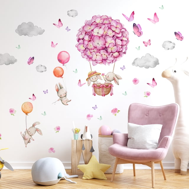 Calcomanías de globos de aire caliente para pared de animales, globos de flores, pegatinas de pared de conejo, decoración de pared para sala de juegos de dormitorio de niñas y bebés