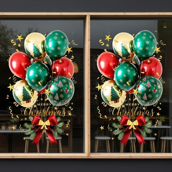 Yhmxh Christmas Window Cling Stickers Xmas Balloon Window Decals Double Sided Red Bow and Golden Stars Glass Decal Designs for Winter Christmas Party Home Office Classroom Decoration