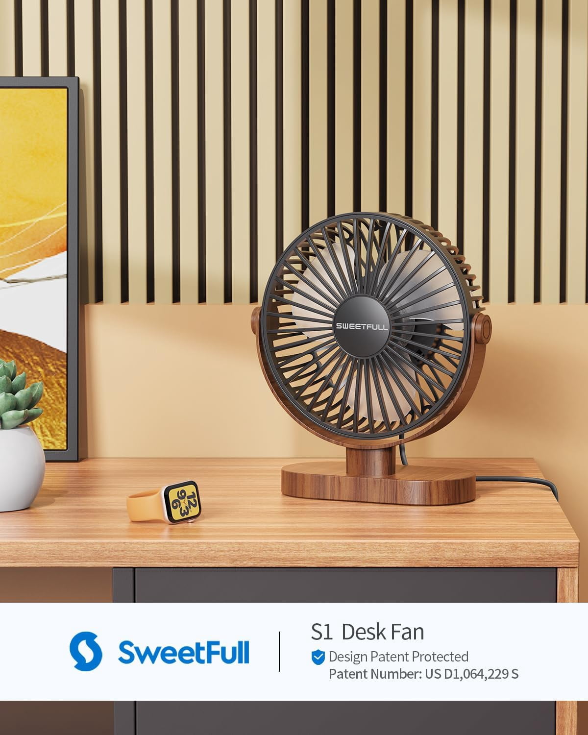 6.5 Inch USB Desk Fan, 3 Speeds, Quiet Portable  Fan with 360° Adjustment, Black Wood Grain