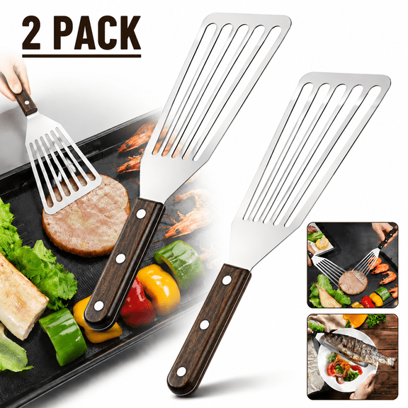 Emlimny 2 Pack Fish Spatula Stainless Steel (Large & Small) with Wooden Handle Flexible Fish Turner Spatula, Durable Lightweight Metal Slotted Turner Perfect for Flipping Eggs, Burgers and Cooking