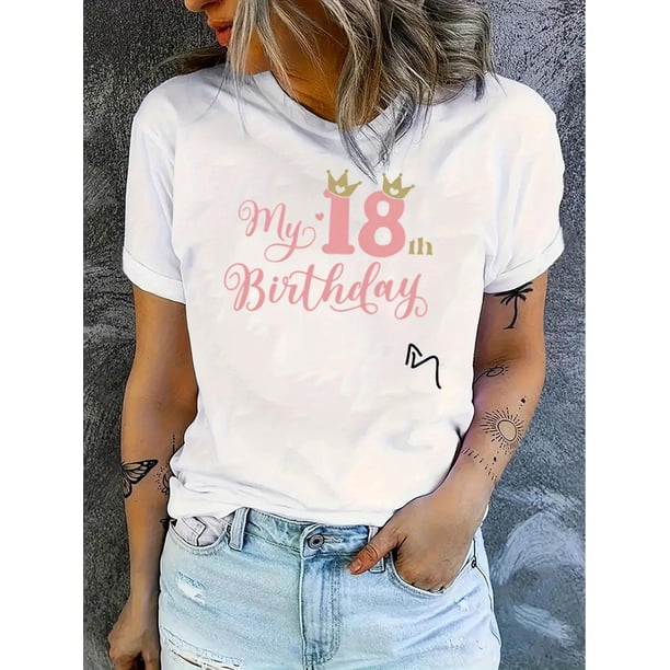 Camiseta De Verano Con Cuello Redondo Para Mujer, Camisetas De Verano Para Ir De Compras En La PlayaSimple English Pink Crown Pattern Print Women's Fashion Trendy Round Neck Short Sleeve, Simple Cas