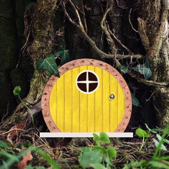 Wood Miniature Fairy Doors Wall Fairy Garden Door Accessories 2D Wooden Door Ornament Art Sculpture Decoration DIY Gnome House Indoor Mystical Garden Ornament for Tree Trunk (Yellow)