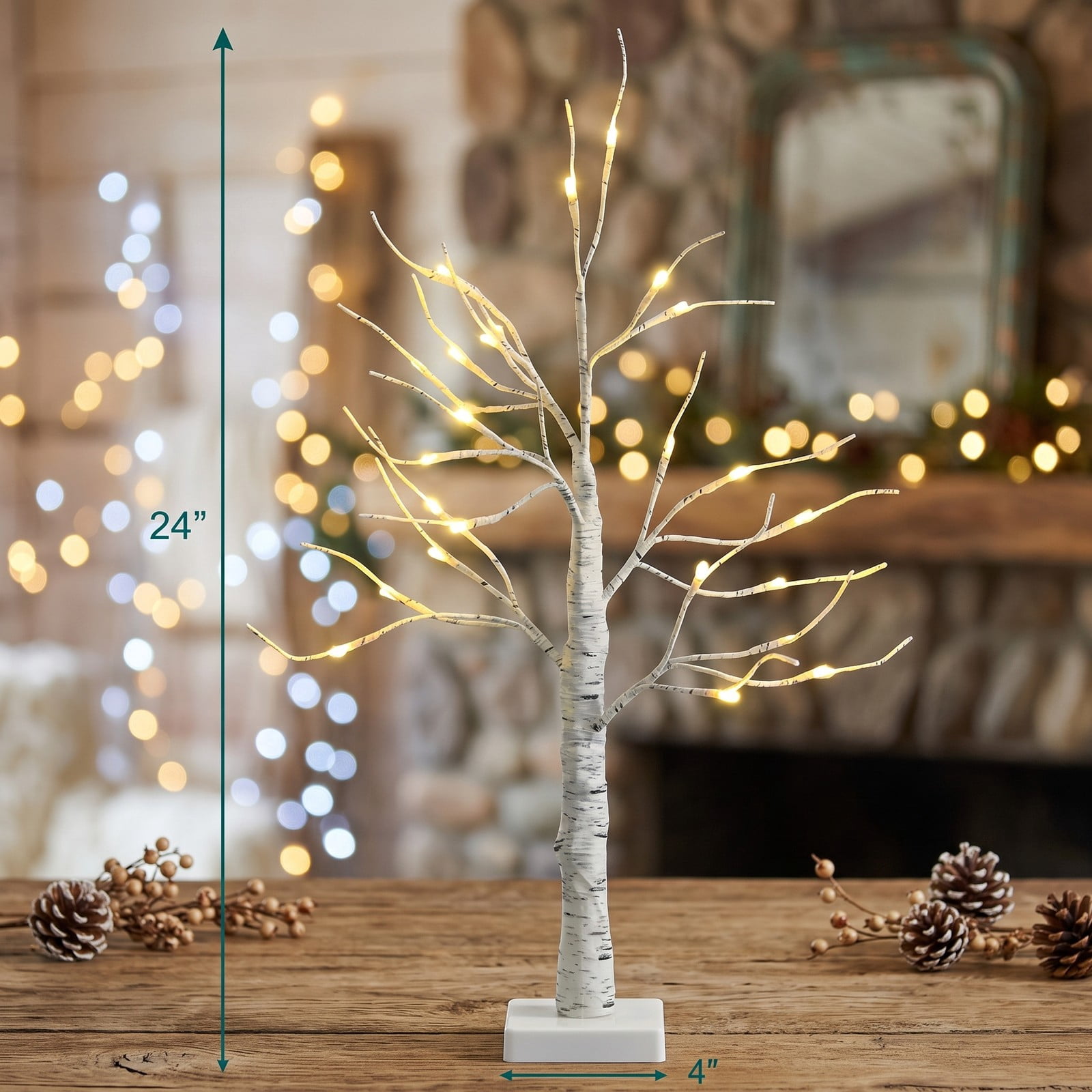 RUIE 2 Feet Pre-Lit White Twig Birch Tree, Battery Powered Tabletop Artificial Christmas Tree with 24 Warm White LED Lights, Bendable Branches for Holiday Home, White