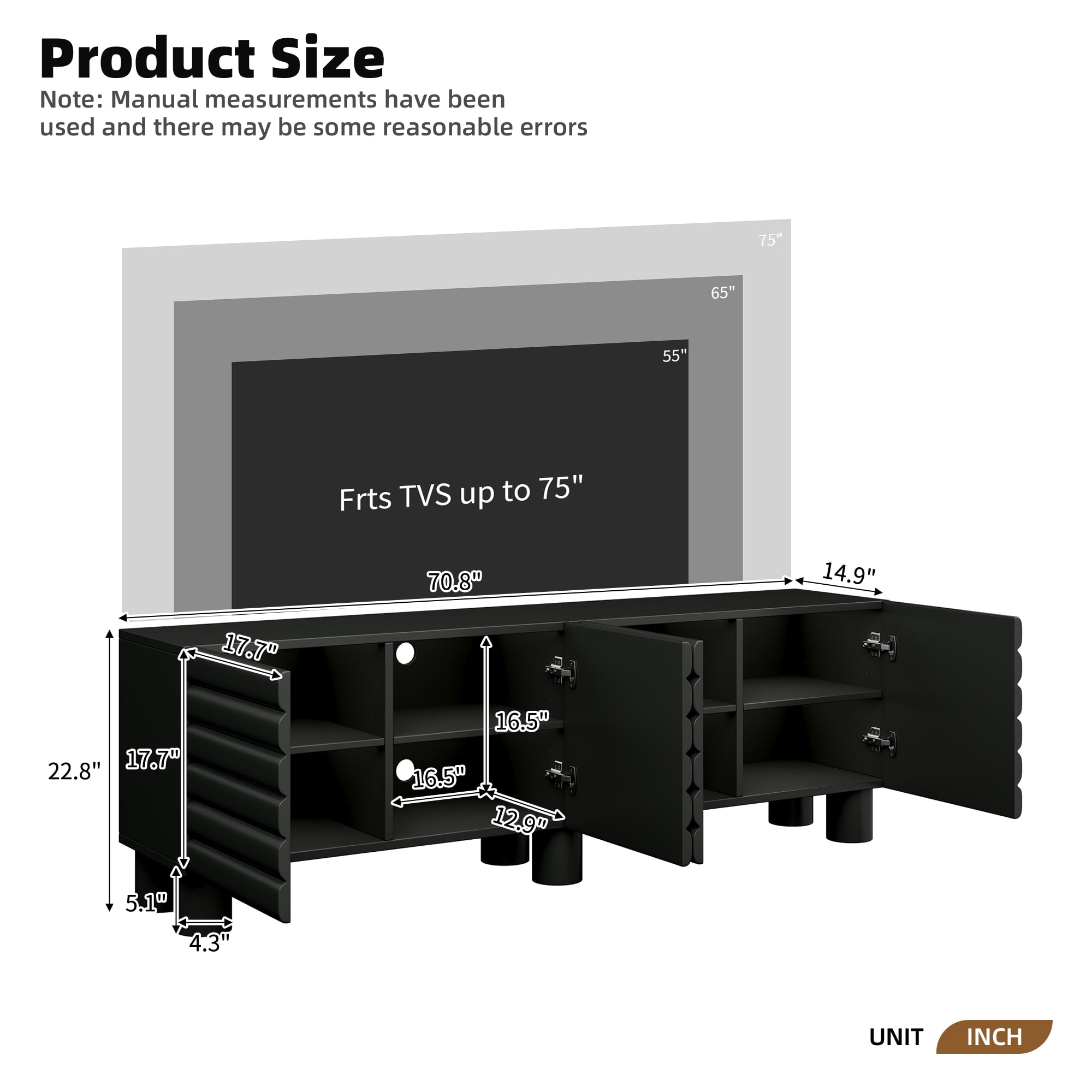 Euroco Stylish Thick Wavy Door TV Cabinet with Adjustable Shelves, Cream Style TV Stand with 4 Cabinets for TVs Up to 75", Solid Media Console with Cylindrical Legs and Cable Holes