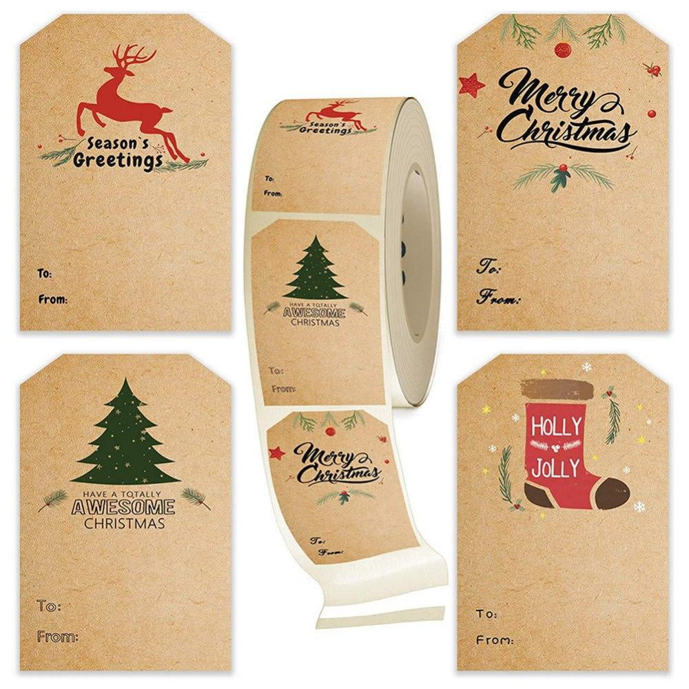 300pcs/Roll Christmas Kraft Gift Tag Stickers Christmas Tree Deer Kraft
