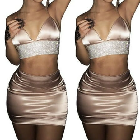 Party Skirt Set - Womens 2Pcs Bodycon V-Neck Crop Top And Skirt Set Clubwear Party Cooktail Dresses Pencil Party Clothing Sets Khaki Size S
