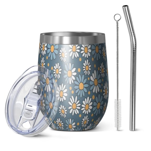 12oz Stemless Wine Tumblers Blue Daisy Flower White Blooms Pattern Vacuum Insulated Stainless Steel Travel Tumbler Cups Mug with Lid and Straw for Champaign,Cocktail,Beer with Cleaning Brush