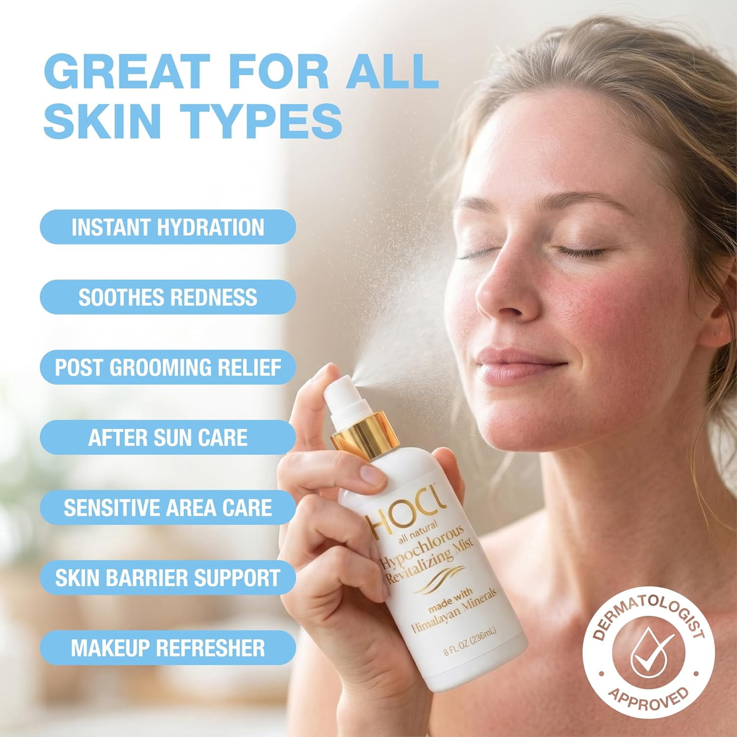 Think Smarter Hypochlorous Acid Gentle Revitalizing Mist Face and Body Spray with Himalayan Minerals, For All Skin Types, 8 fl oz