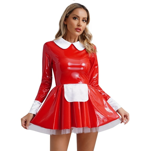 Aislor Women's Patent Leather French Maid Costume Long Sleeve Mini Apron Dress Anime Outfits Red XXL