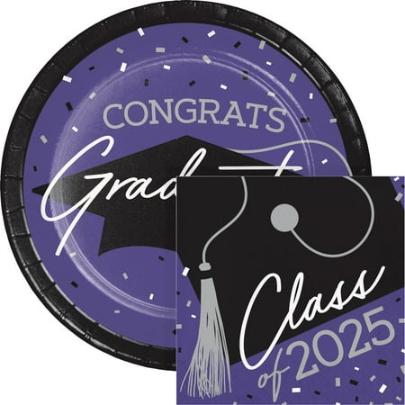 Creative Converting Purple Graduation Class of 2025 Paper Plates and Napkins Kit, Serves 36