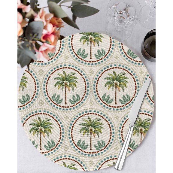 15 Inch Round Placemats Set of 6, Vintage Palm Trees Non Slip Heat Insulation PP Table Mats, Summer Botanical Retro Art Washable Place Mats for Kitchen Dining Party Table Decor