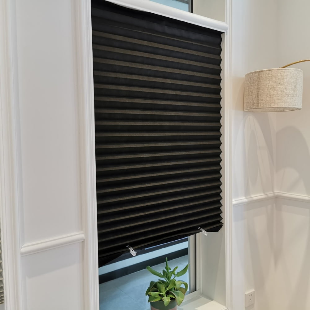 2 Pack Temporary Blackout Paper Shades for Windows,Paper Pleated Blinds with Adhesive,No Tools No Drilling Free Cut Size Paper Room Darkening Shades(Black, 24" W x 72" L)