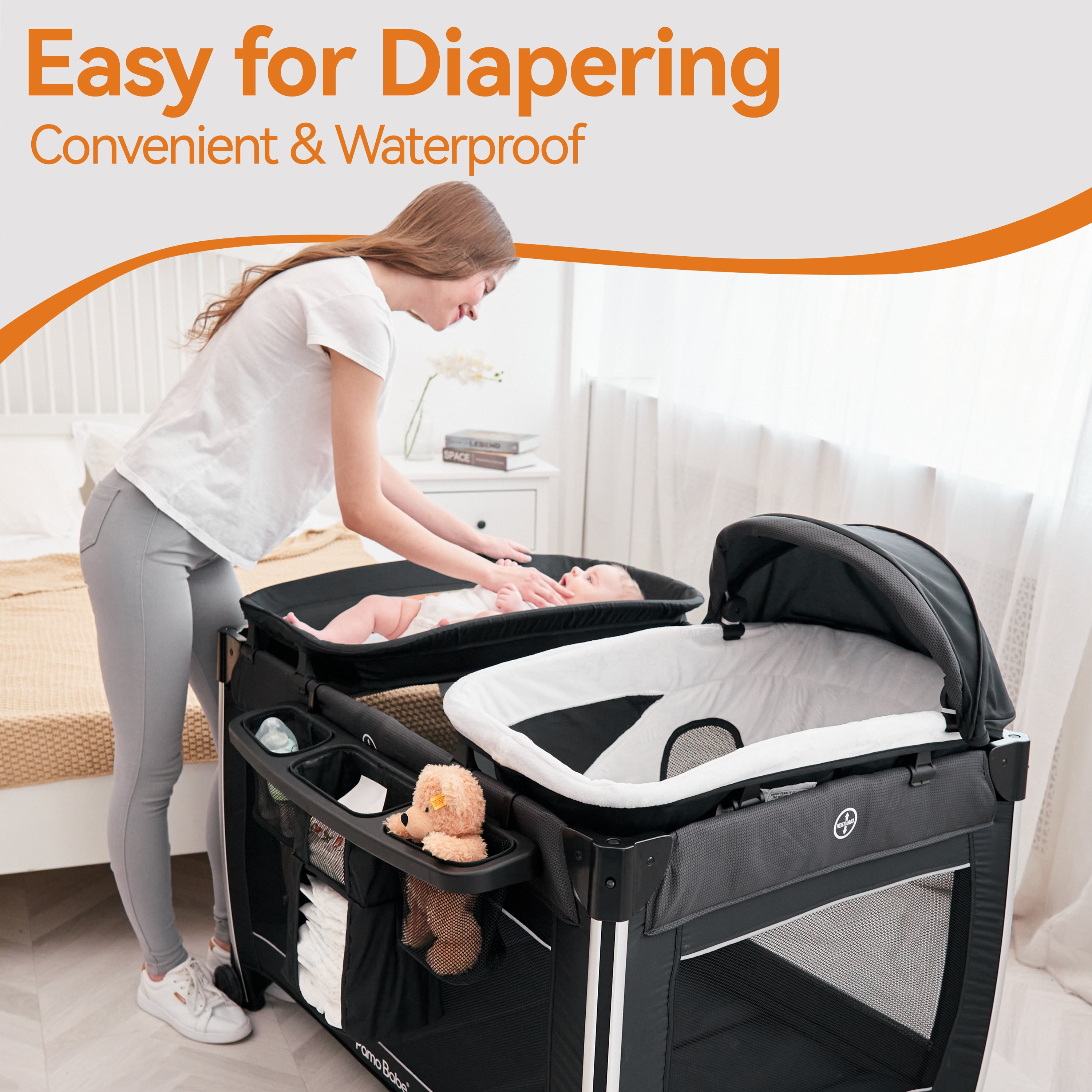Pamo Babe 4 in 1 Baby Playard, Foldable Portable Crib with Bassinet & Changing Table and Toy Bar(Black)