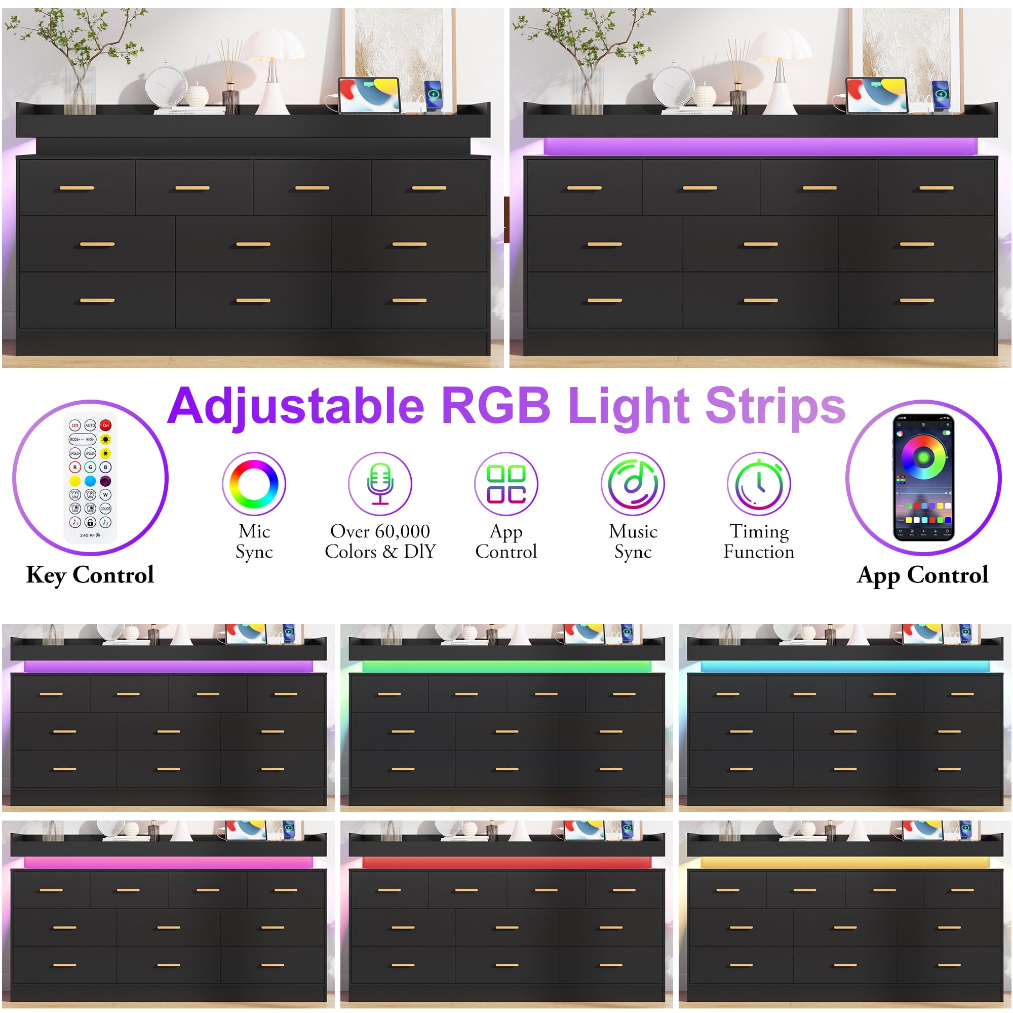 ChVans Black Dresser with Charging Station and LED Lights, Modern Chest of Drawers for Closet, 10 drawer dresser for Bedroom, Living Room, Entryway, Hallway
