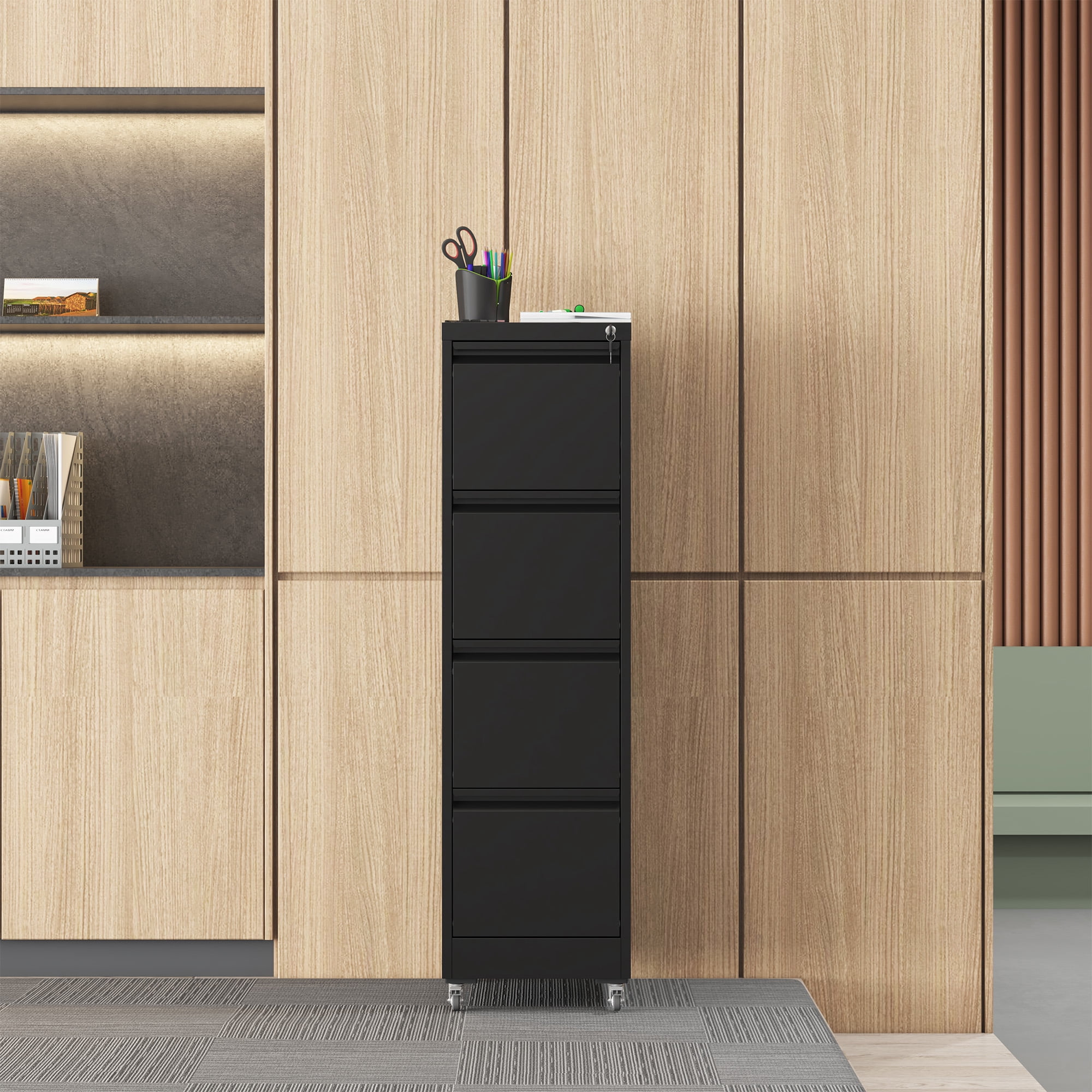 4 Drawer Metal Locking Vertical File Cabinet on Wheels, Heavy-Duty Lockable Cabinet for Home & Office, Black, 17.71"D*15.16"W*52.28"H, Black