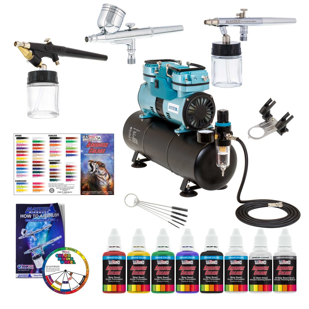 3 Master Airbrush 1/4hp TwinPiston Compressor Kit, 6 Color Acrylic