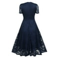 thumbnail image 6 of Womens V Neck Long Sleeve Fall Dresses Ladies Solid Color V-neck Mid-length Lace Swing Dress Navy, 6 of 7