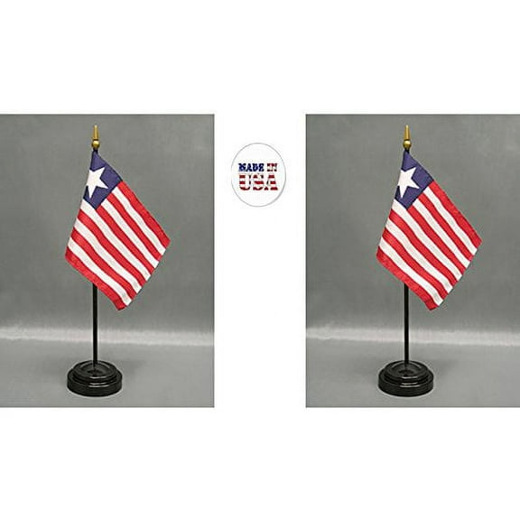 Liberia Desk Flag Set; Two 4x6 inch American Made Table Flags with Two Bases