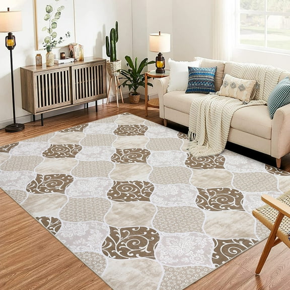 Geetinfly 9*12FT Area Rugs, Ultra-Thin, Moroccan, Soft, Modern, Washable, Non-Slip, Low Pile with Rubble Backing for Living Room, Bedroom, Dining Room (Brown tone)
