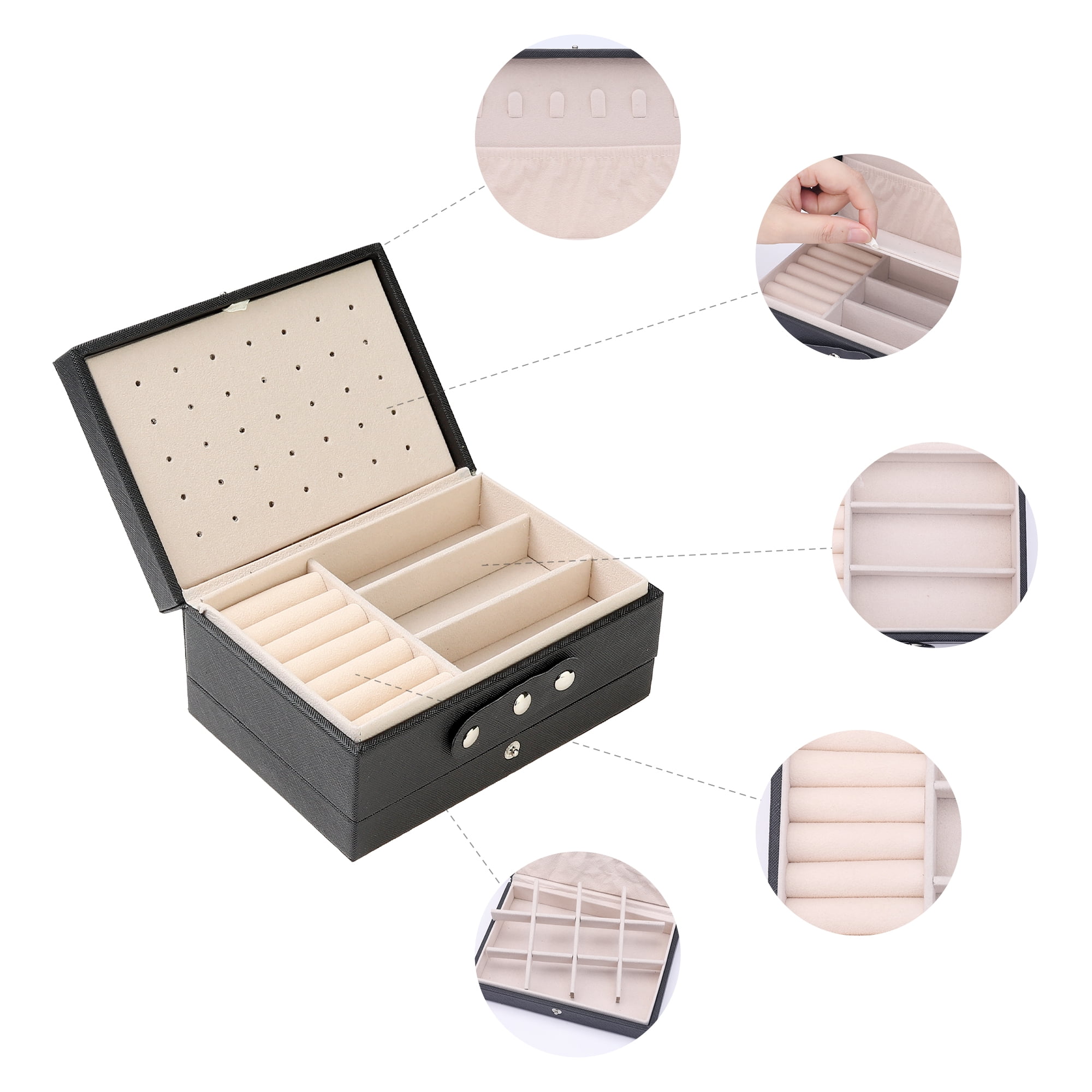 Unique Bargains 2 Layer Jewelry Box PU Leather Jewelry Case for Earring Necklace Ring Black