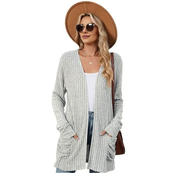 Long-Sleeved Knitted Cardigan Light Gray L